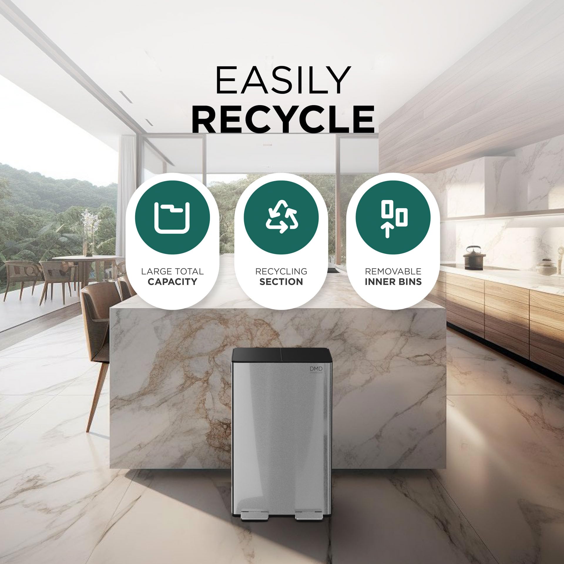 DMD 60L Dual Stainless Steel Recycling Bin with 3L Compost Bin