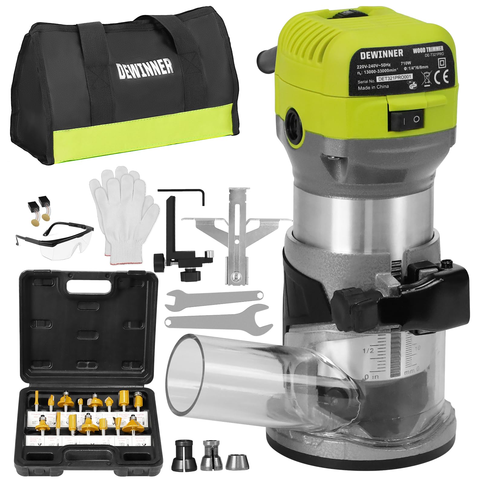 DEWINNER 710W Electric Palm Router – 6 Speed Wood Trimmer with Bits