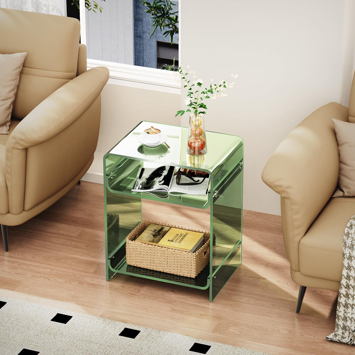 Acrylic End Table with Storage Shelf, Clear Side Table, Record Player Table, Nightstand, 15.7x19.7x11.8 Green, 40×30×50 cm - image 3