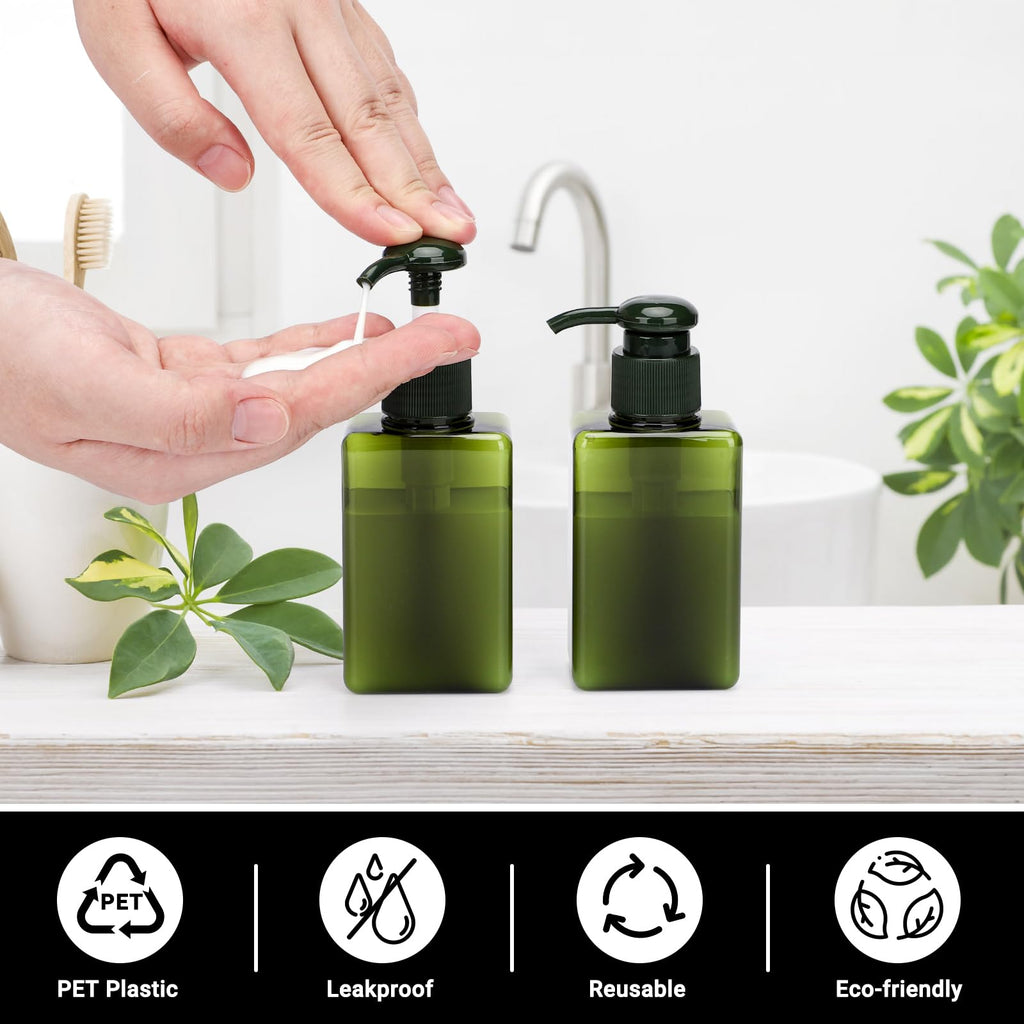 Segus Hand Soap Dispenser, 3 Pieces 100ml Empty Shampoo Bottles, Small Shower Dispensers with Labels, in Plastic, Bathroom Accessories Dark Green