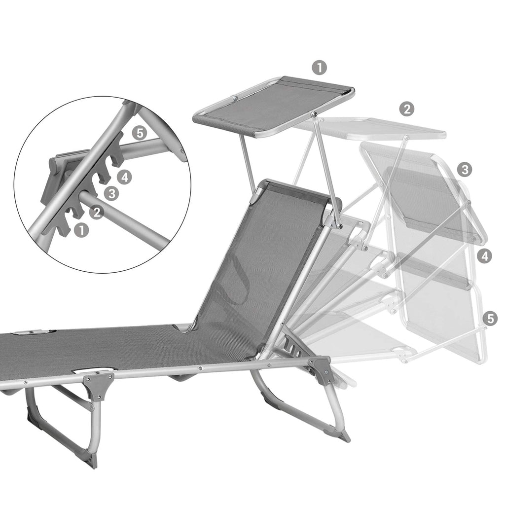 SONGMICS Foldable Sun Lounger | Adjustable Sunbed with Sunshade - Dark Grey