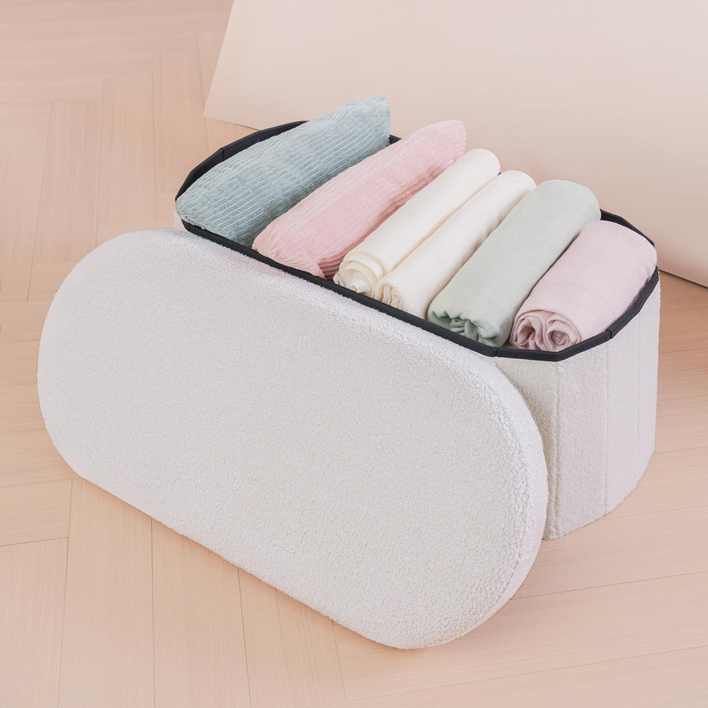 Bonlife White Boucle Folding Ottoman Storage Bench – 76cm Oval Footstool
