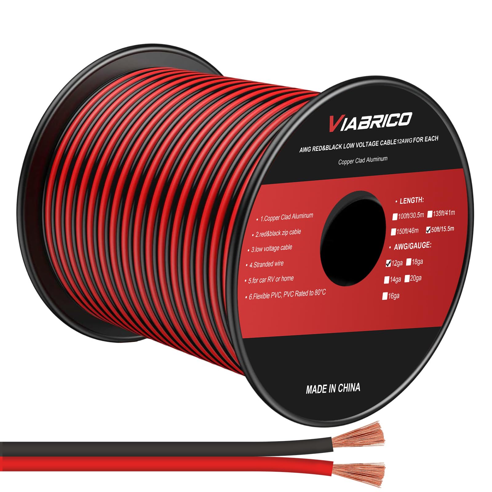 VIABRICO 12 Gauge 50FT Electrical Wire - 2 Conductor 12AWG DC Cable