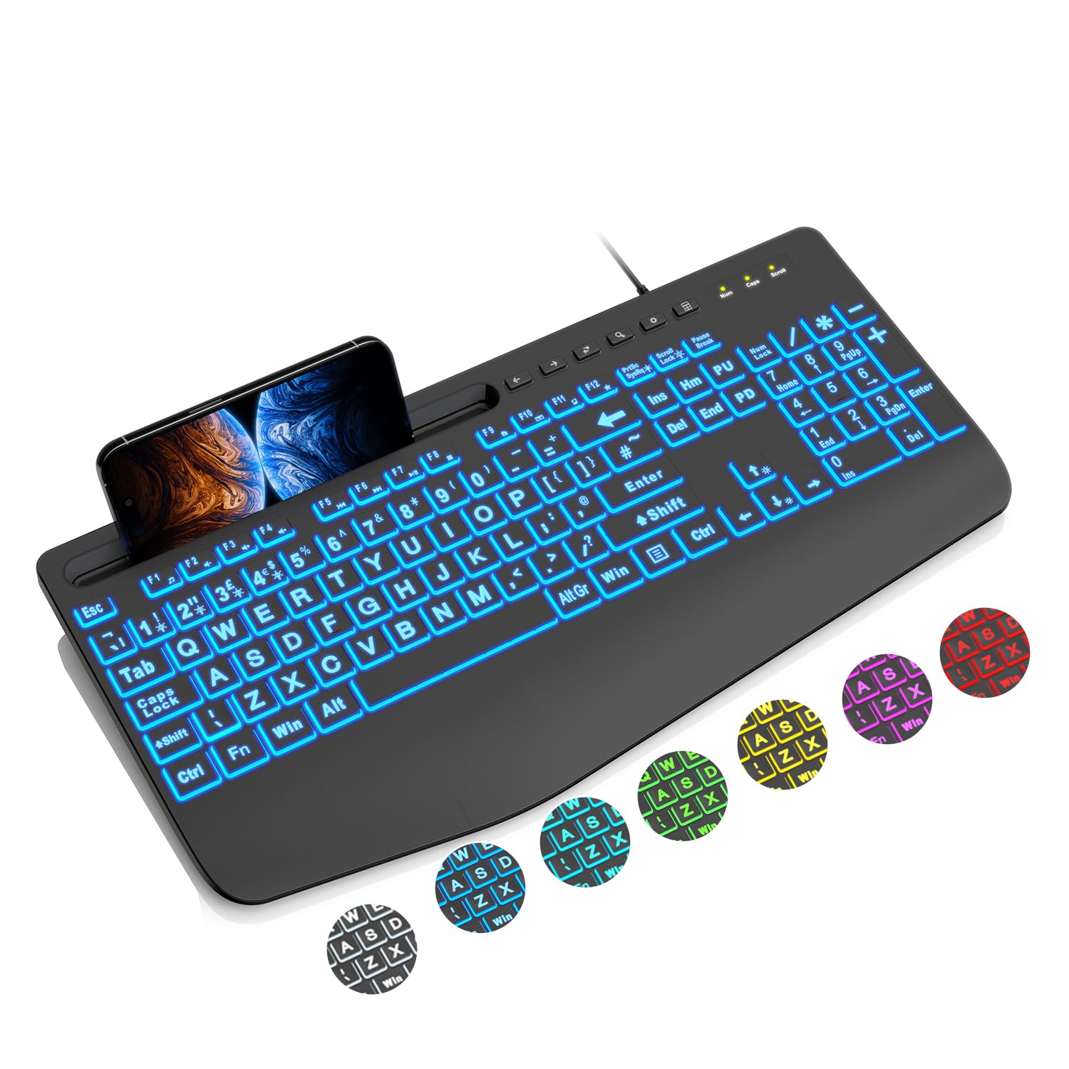 SABLUTE Large Print Wired Keyboard – 7 Color Backlit Ergonomic Keyboard
