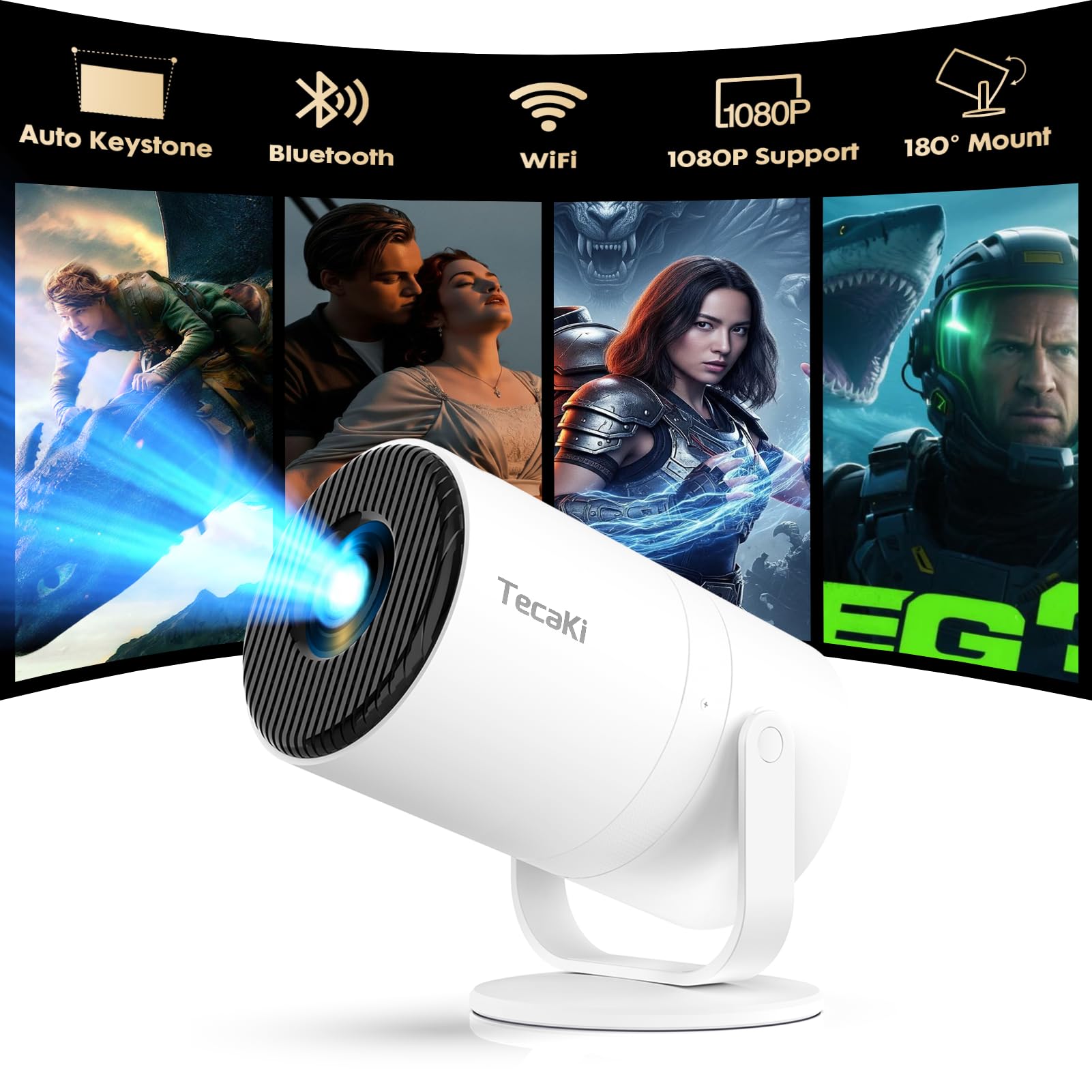 Tecaki Mini Projector – Android 14 Portable 1080P WiFi 6 Home Cinema