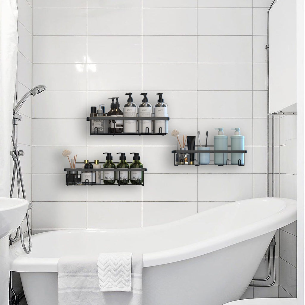 UZIMOO Shower Caddy Black - Bathroom Shelves Organiser No Drilling Adhesive Bathroom Shelf Wall Mounted