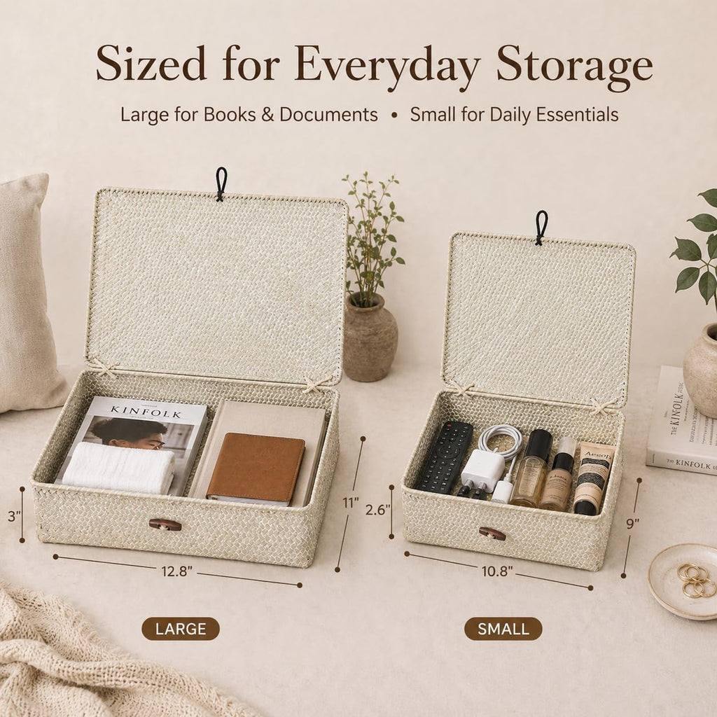 YANGQIHOME - Set of 2 Seagrass Baskets with Lids, Rectangular Woven Storage Baskets, Natural Wicker Boxes for Coffee Table, Shelf - image 2