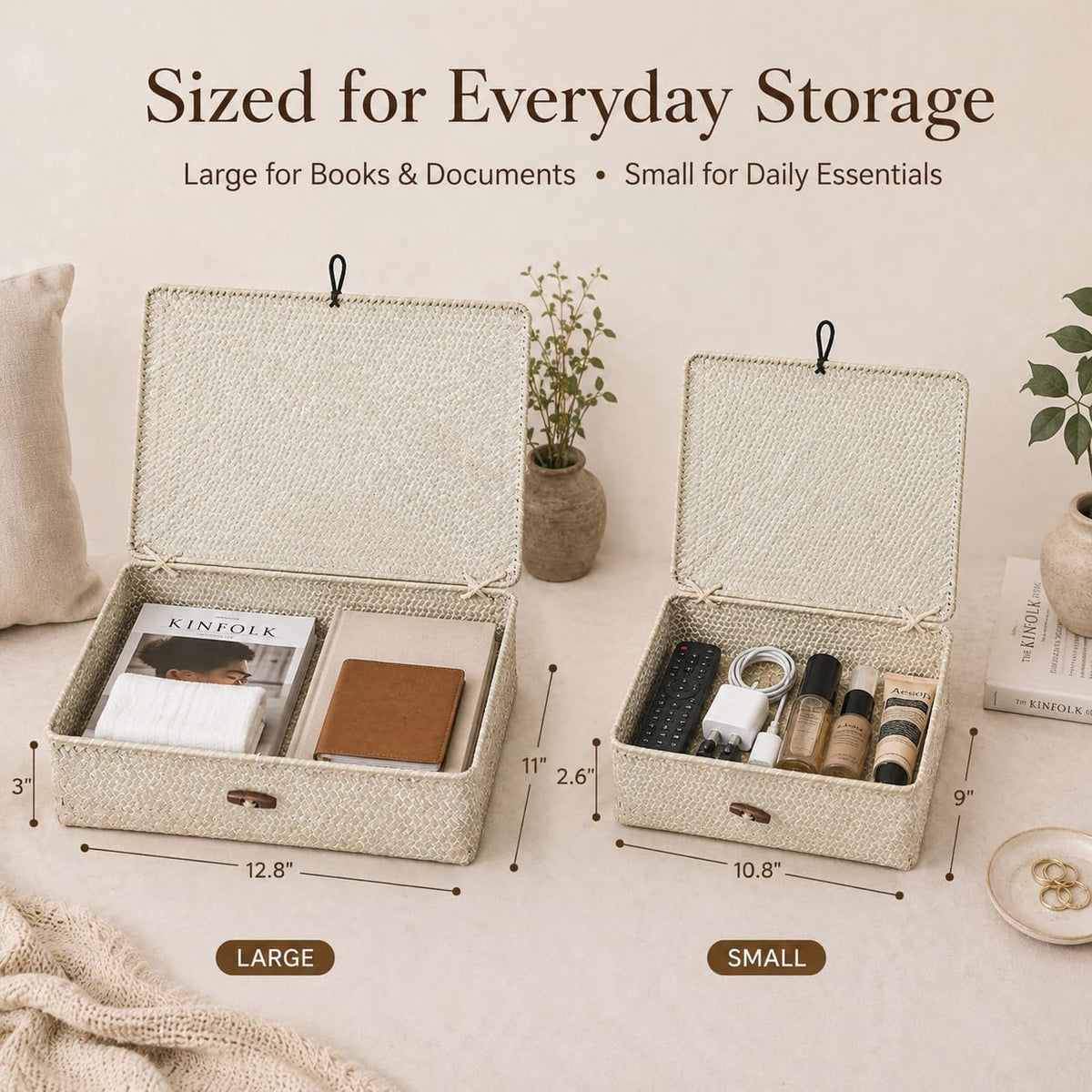 YANGQIHOME - Set of 2 Seagrass Baskets with Lids, Rectangular Woven Storage Baskets, Natural Wicker Boxes for Coffee Table, Shelf - image 2