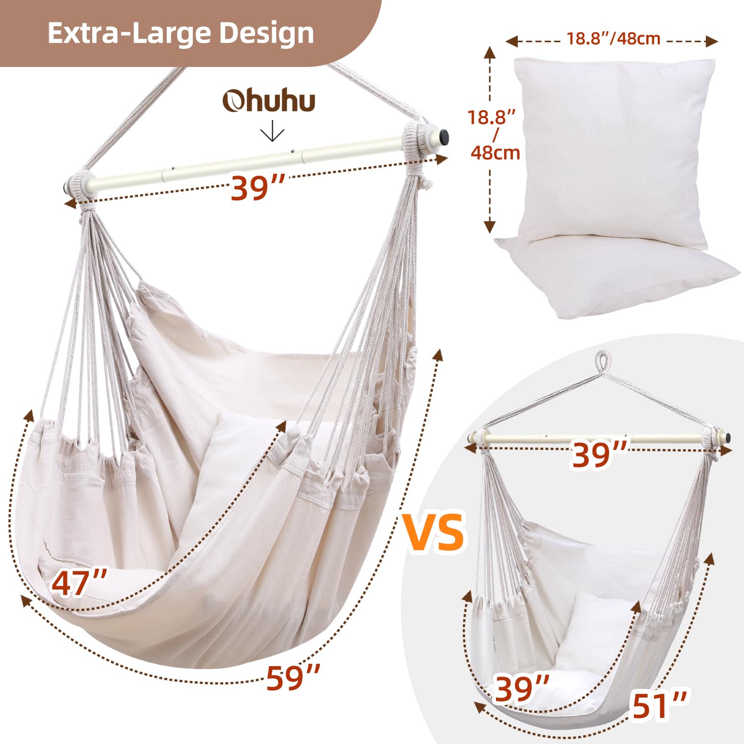 Ohuhu XL Hammock Chair | Portable Hanging Swing with 2 Cushions & Hardware