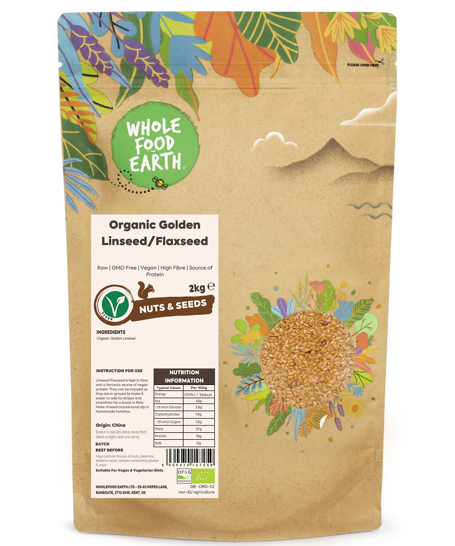 Wholefood Earth Organic Golden Linseed (Flaxseed) – 2kg Raw Vegan