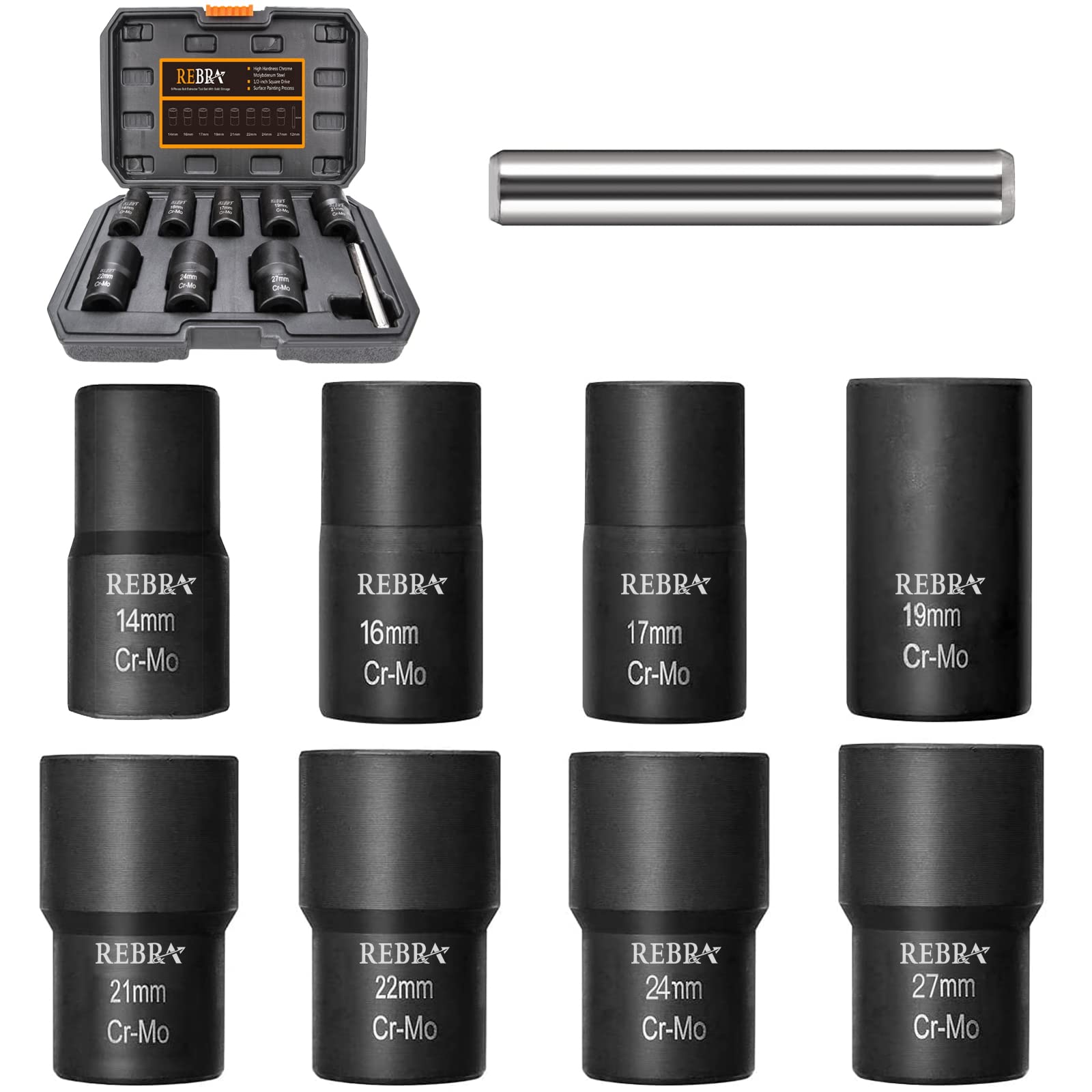 9-Piece Nut Bolt Extractor Set with 1/2" Drive Center Punch