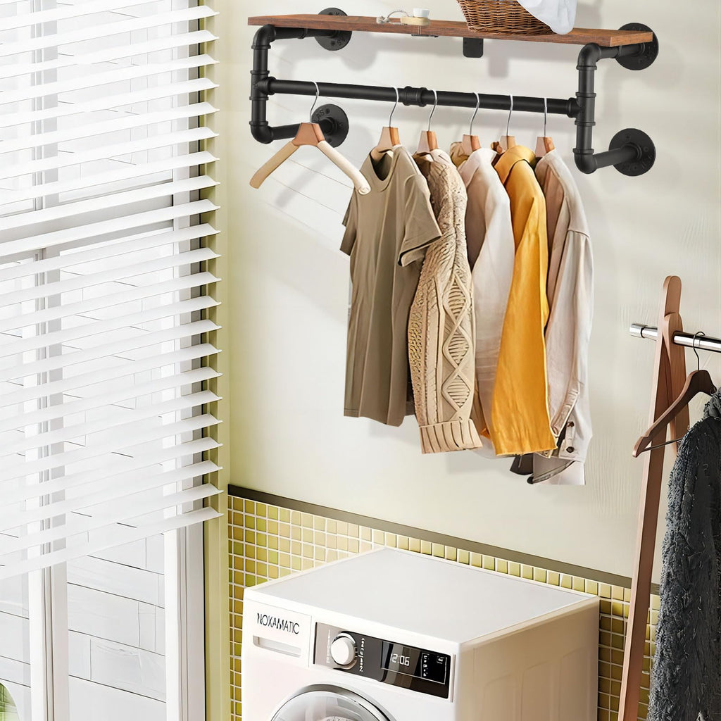 Industrial Pipe Clothes Rack with Wood Shelf – 70cm Wall Mount