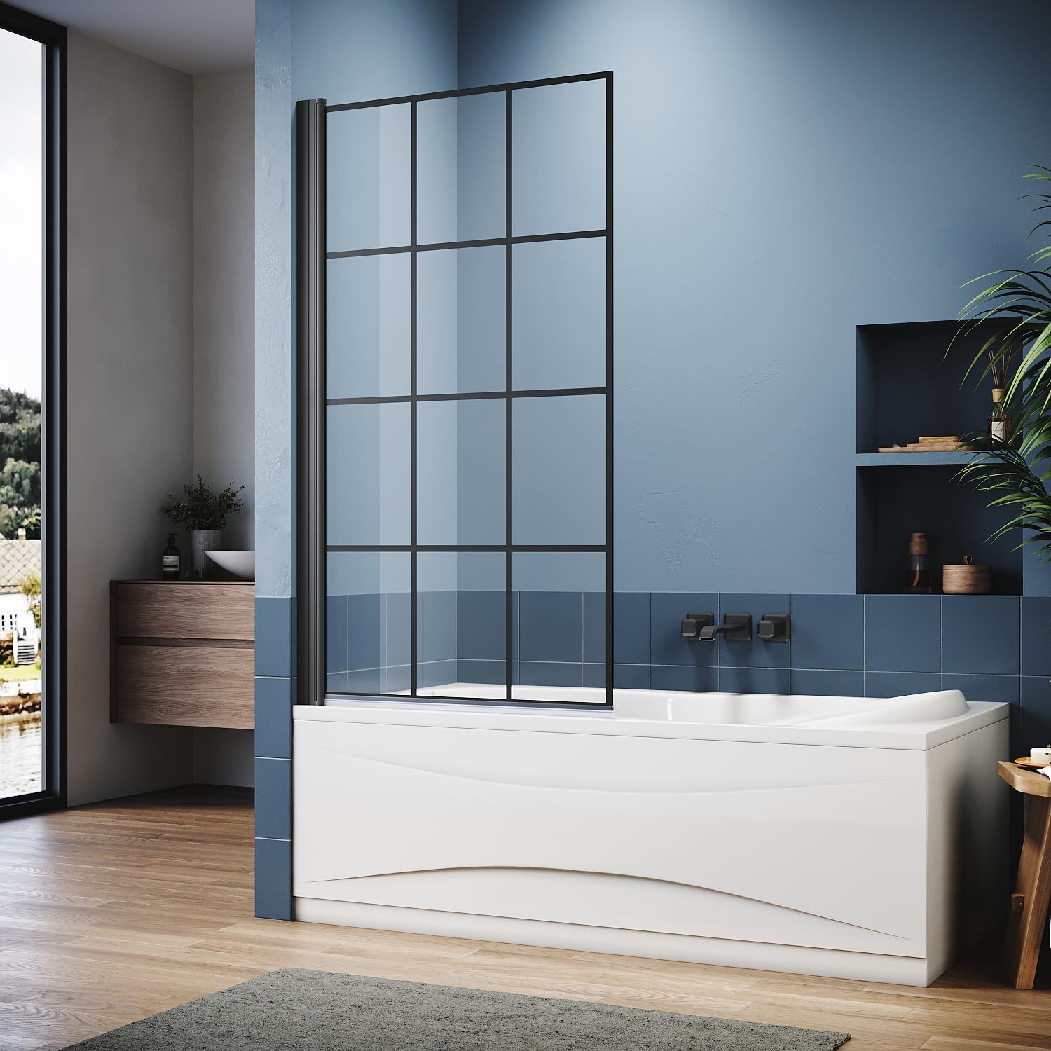 800mm Black Framed Pivot Bath Shower Screen - Grid Glass