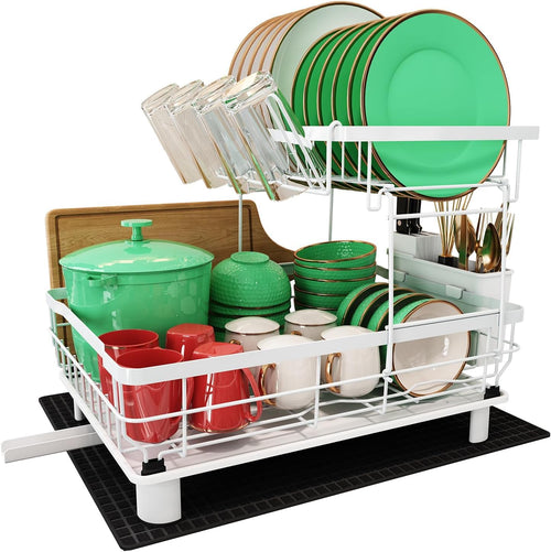 2-Tier Stainless Steel Dish Drying Rack with Swivel Spout