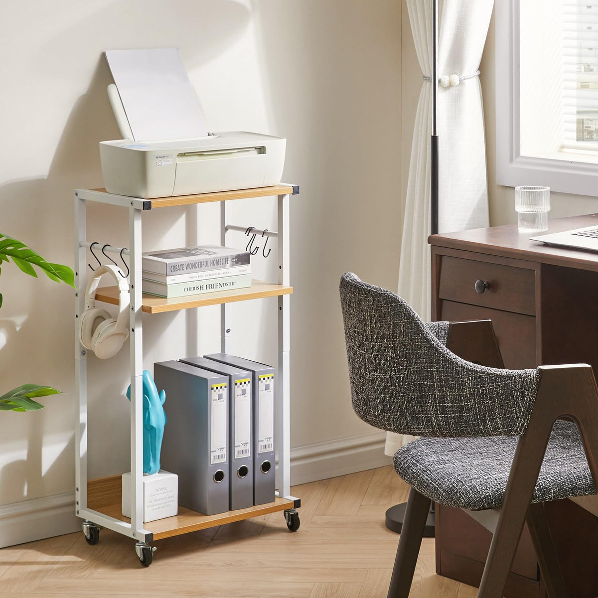 YMYNY 3 Tier Under Desk Printer Cart on Wheels Stand,Natural HPT002N - image 4