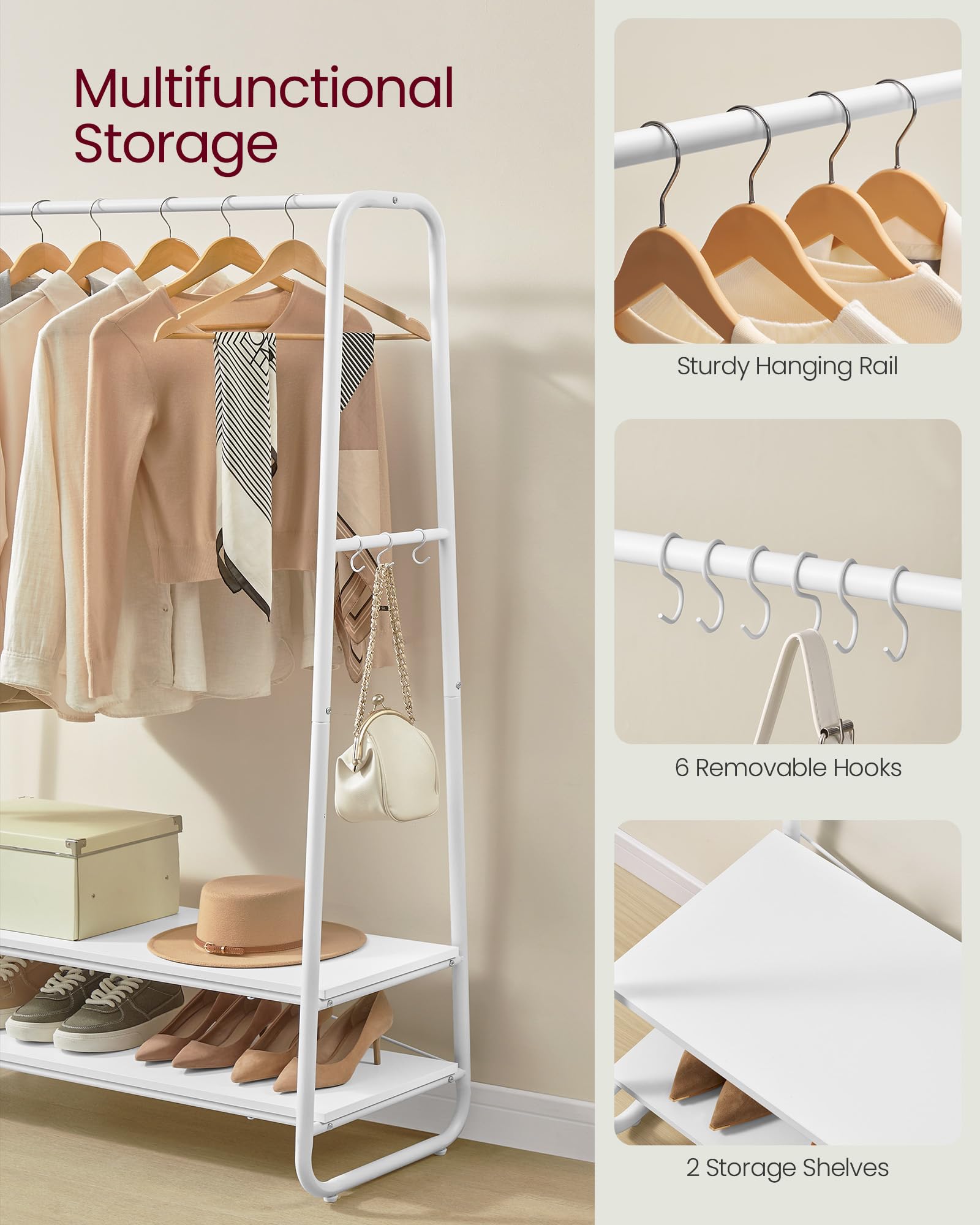 VASAGLE Clothes Rail | Steel Garment Rack with 2 Shelves | Cloud White