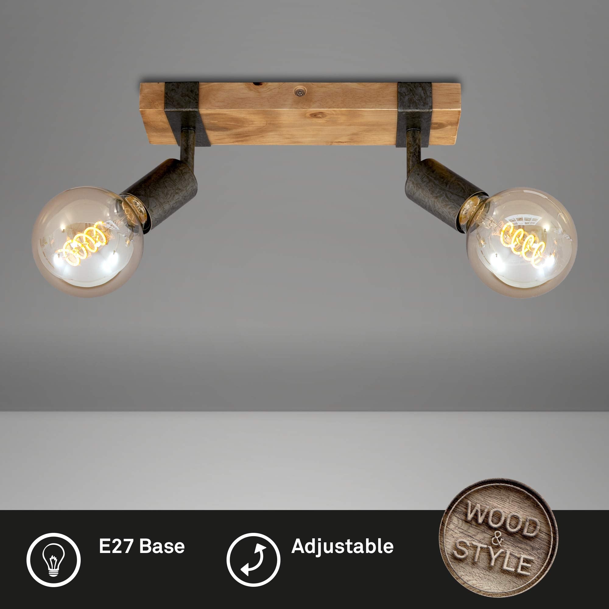 Briloner Vintage Ceiling Light – 2-Spot Retro Spotlight with Wooden Base