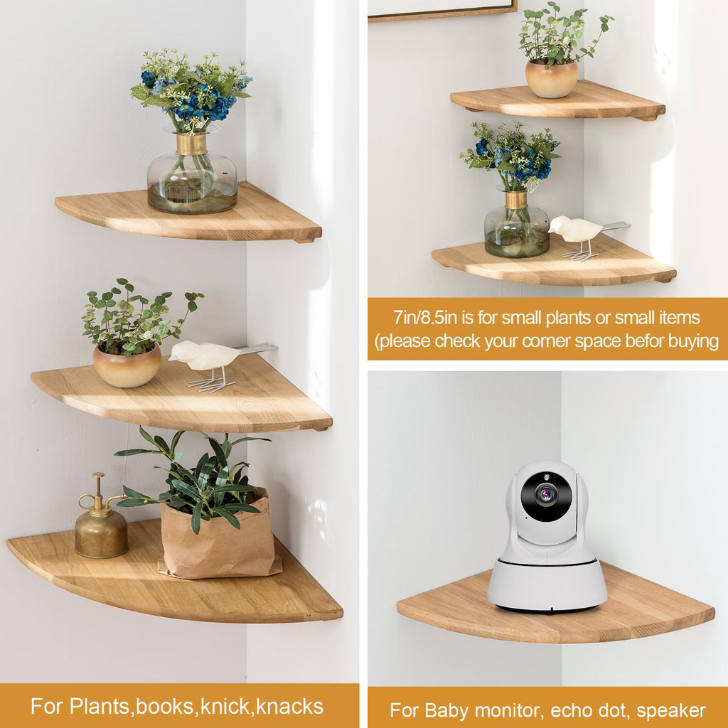 GIEANOO Solid Oak Corner Shelves | Set of 3 Floating Wood Wall Mount