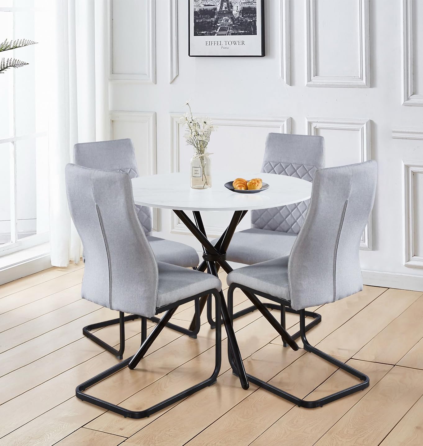 Hallowood Cullompton Round Marble Dining Table and 4 Grey Chairs Set