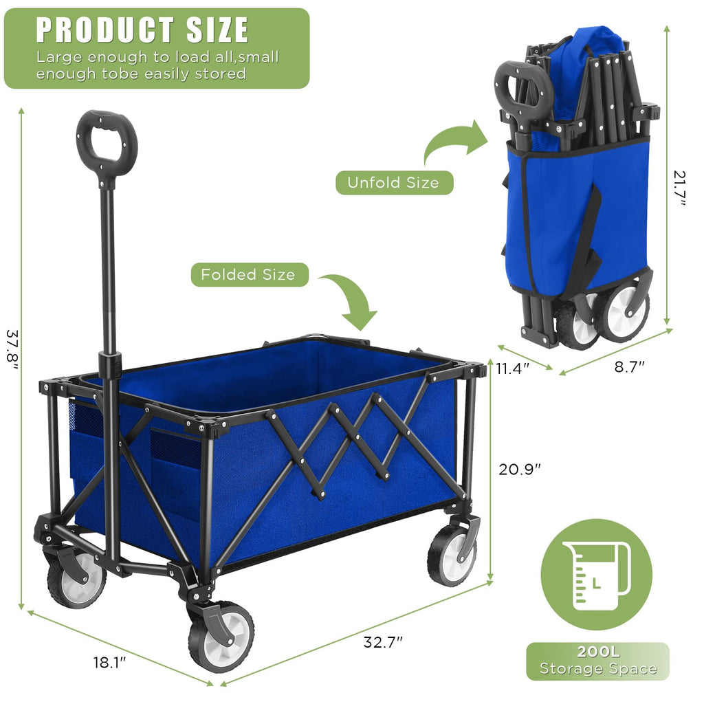 HOFTME Folding Wagon | 100L All Terrain Garden Trolley with Cover - Blue