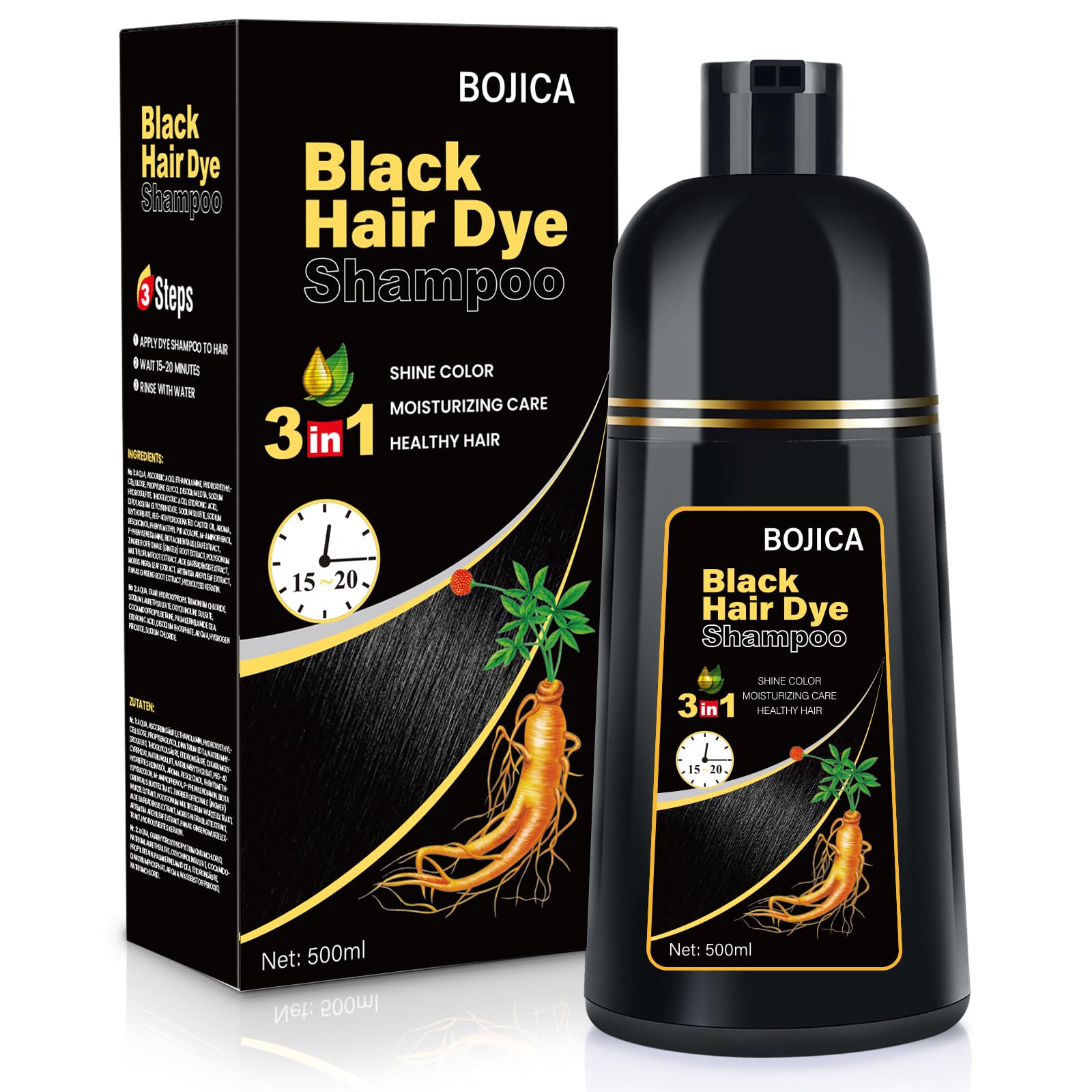 Black Hair Dye Shampoo | 3-in-1 Herbal Gray Coverage | 500ml