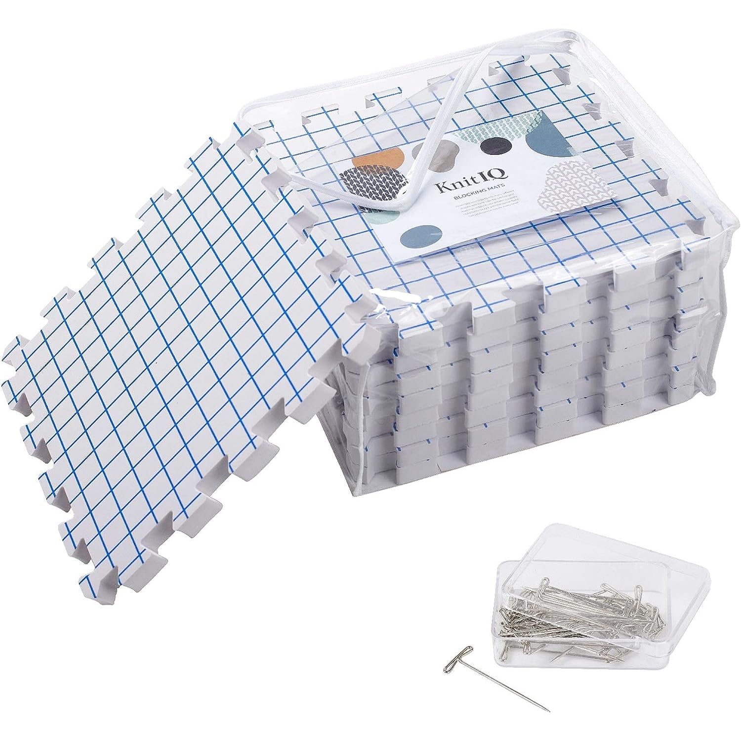 KnitIQ Blocking Mats for Knitting & Crochet – 9pc Set with Gridlines & Pins