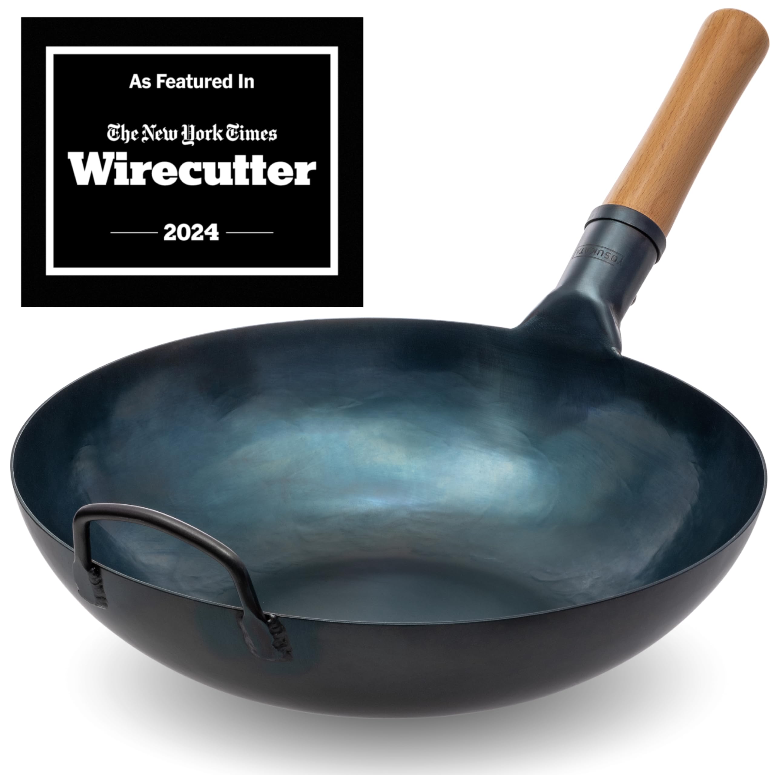 Yosukata 34cm Blue Carbon Steel Wok – Pre-Seasoned Flat Bottom Pan