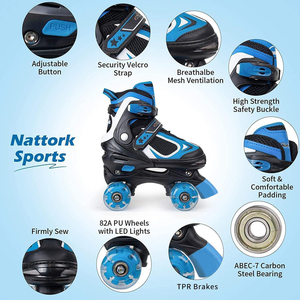 Nattork Kids Adjustable Roller Skates with Light up Wheels – 4 Sizes