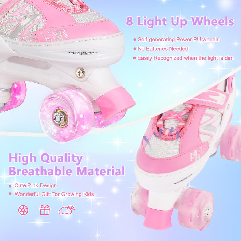 Girls Roller Skates – Adjustable Light Up Wheels, Pink White