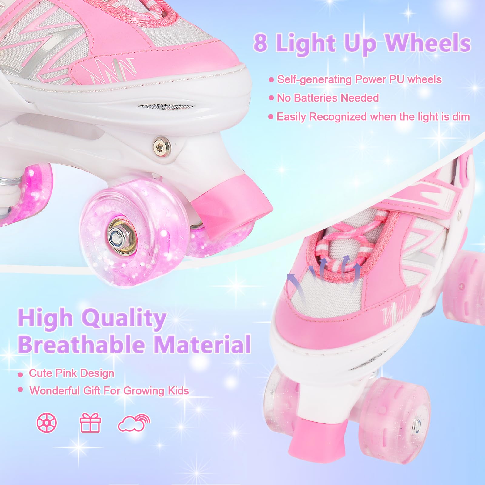 Girls Roller Skates – Adjustable Light Up Wheels, Pink White