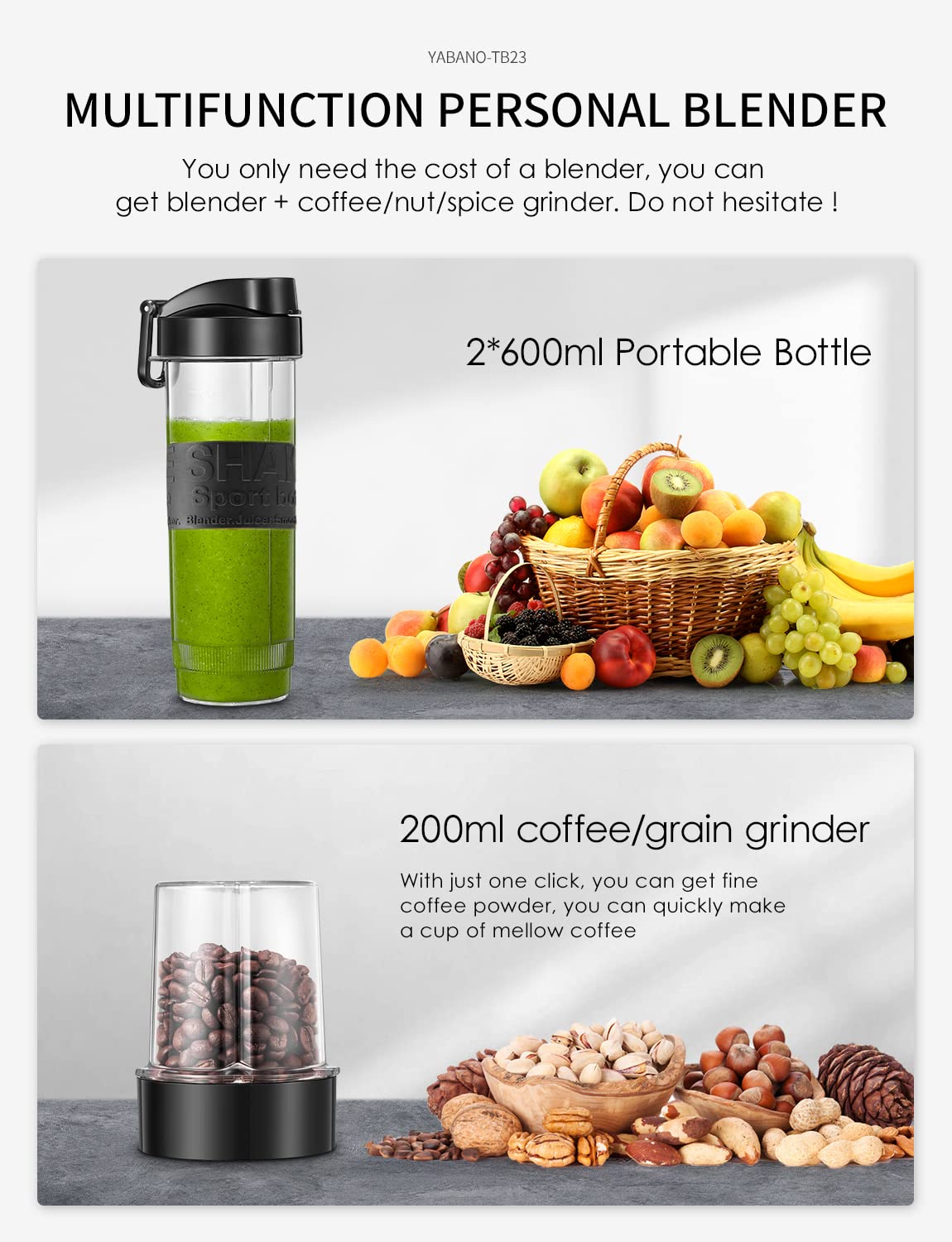 Yabano 500W Personal Blender – 2-in-1 Smoothie Maker with Grinder