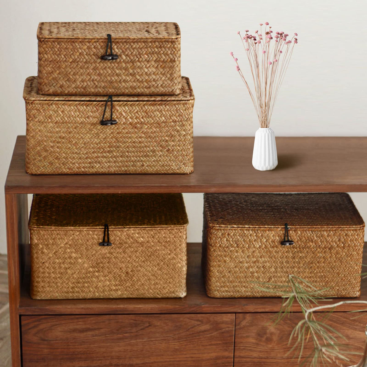 Wicker Storage Basket Woven Rattan Storage Box With Lids Seagrass Laundry Baskets Makeup Organizer For Bathroom, Living Room, Kitchen XXL