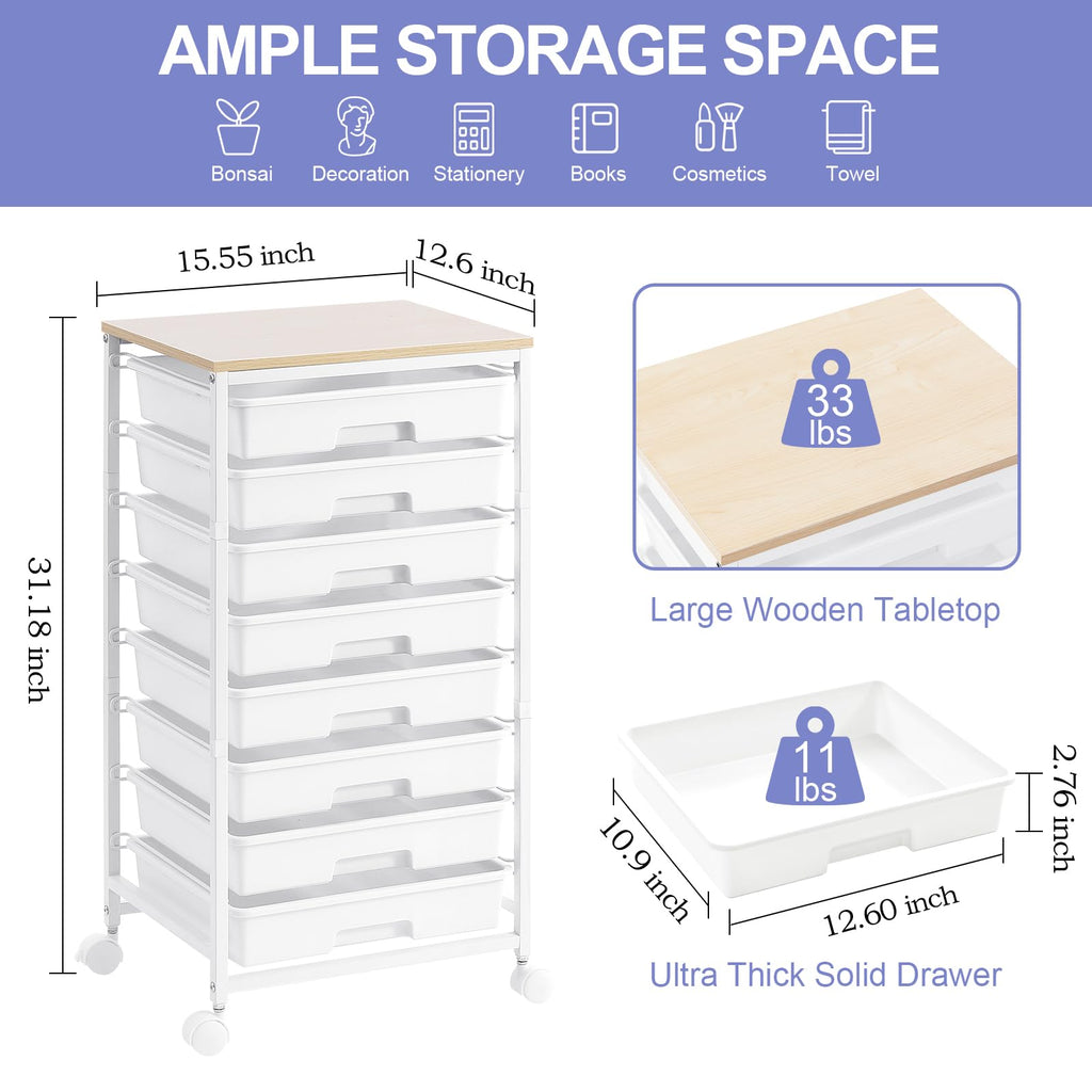 SYKIARIOL 8-Drawer Rolling Storage Trolley | Wooden Top Utility Cart