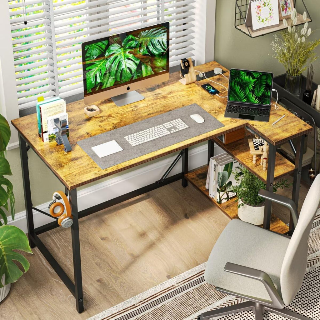 Domshoct L-Shaped Corner Desk with Power Outlets and Storage Shelves