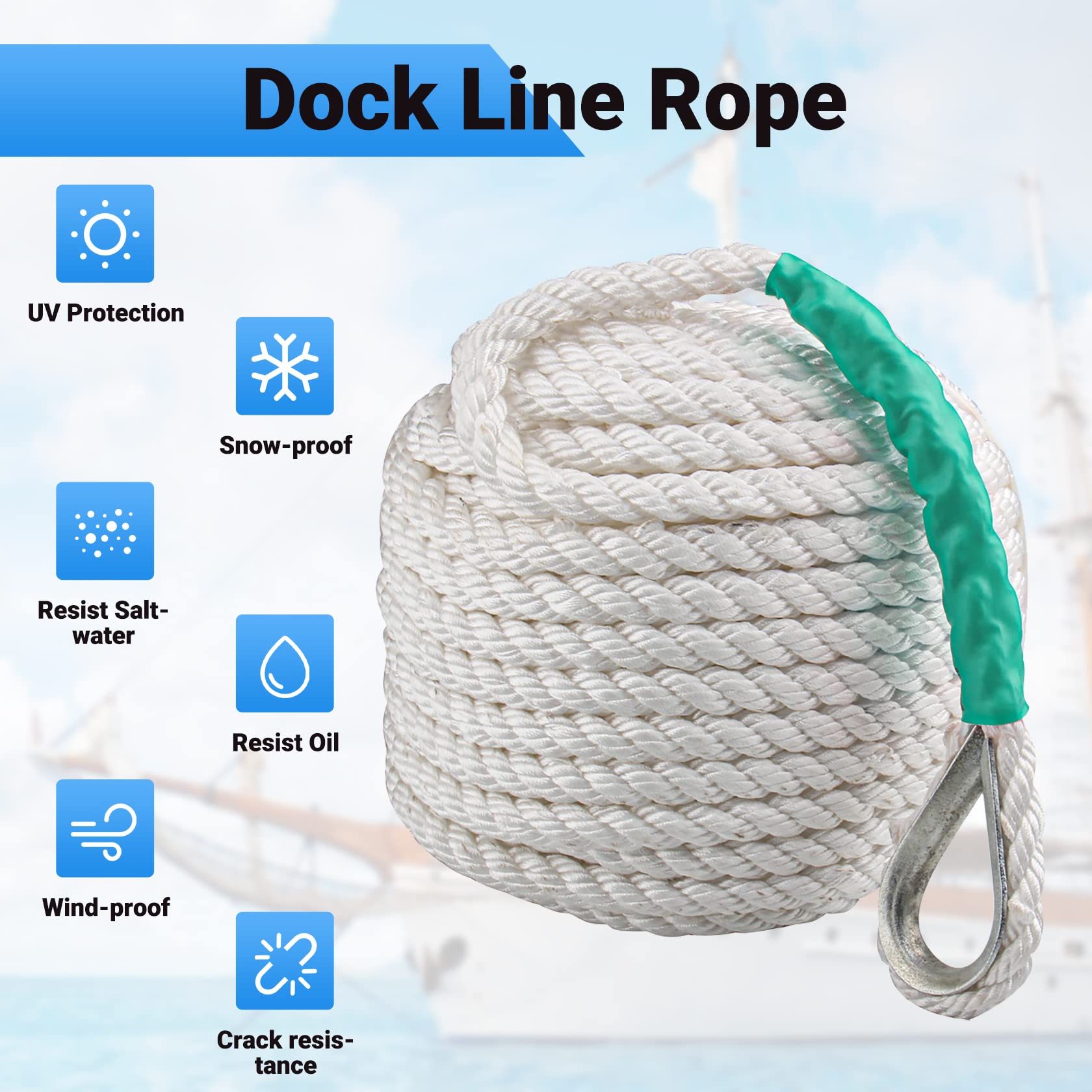 CarBole Double Braided Nylon Mooring Rope - 1/2" x 200ft Dock Line, White
