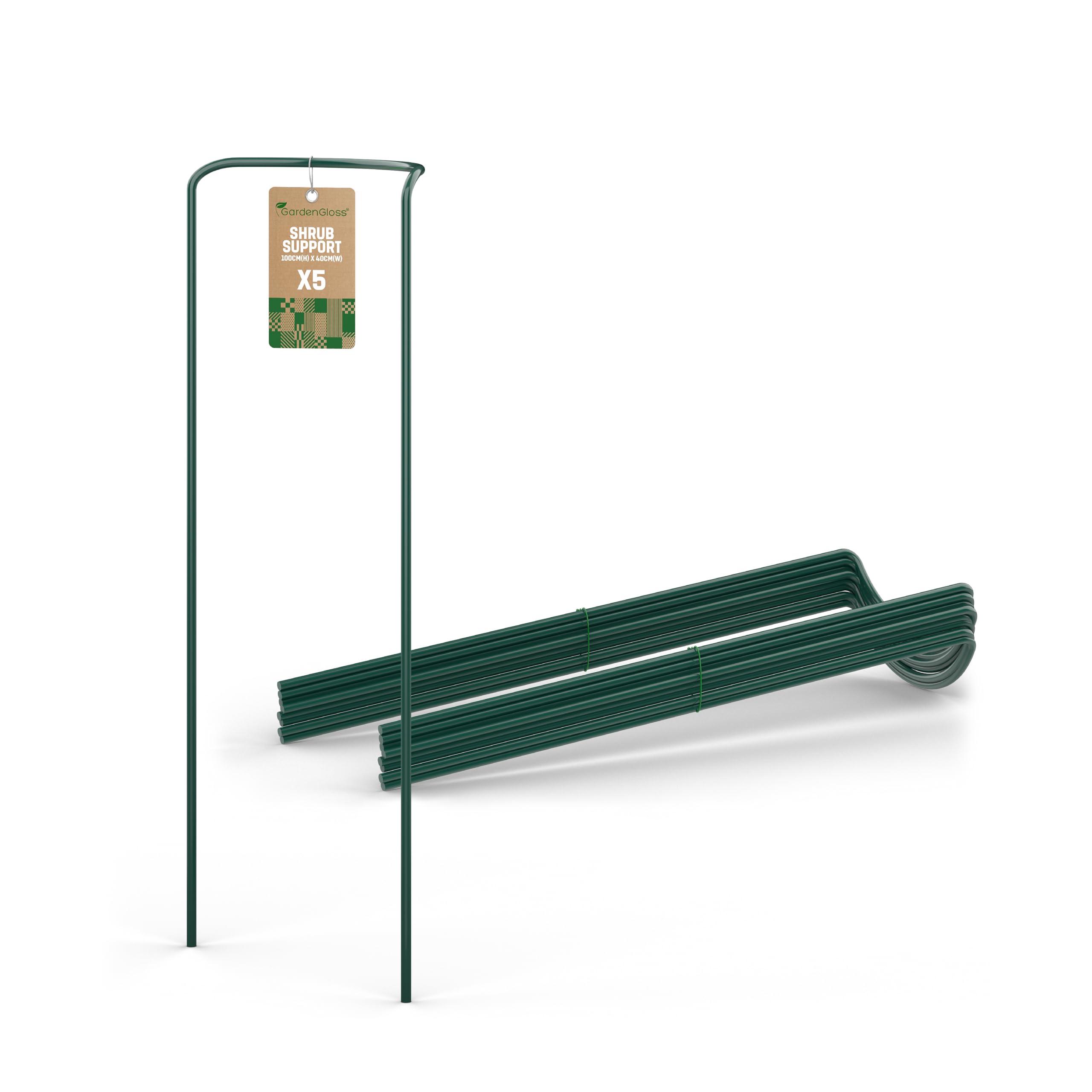 GardenGloss Shrub Supports - 5 Pcs Rustproof Green Steel - 100x40cm