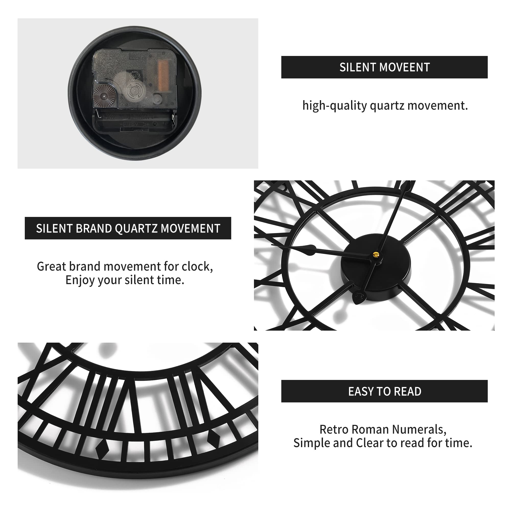 HAITANG Large Metal Wall Clock – 60cm Silent Retro Roman Numerals