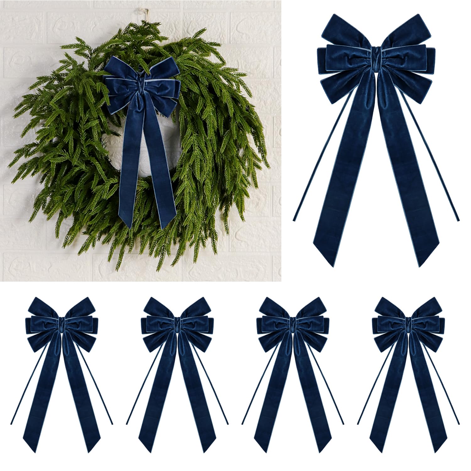 Navy Blue Christmas Velvet Bows – 4 Pcs 15x6.5 Inch Tree Topper