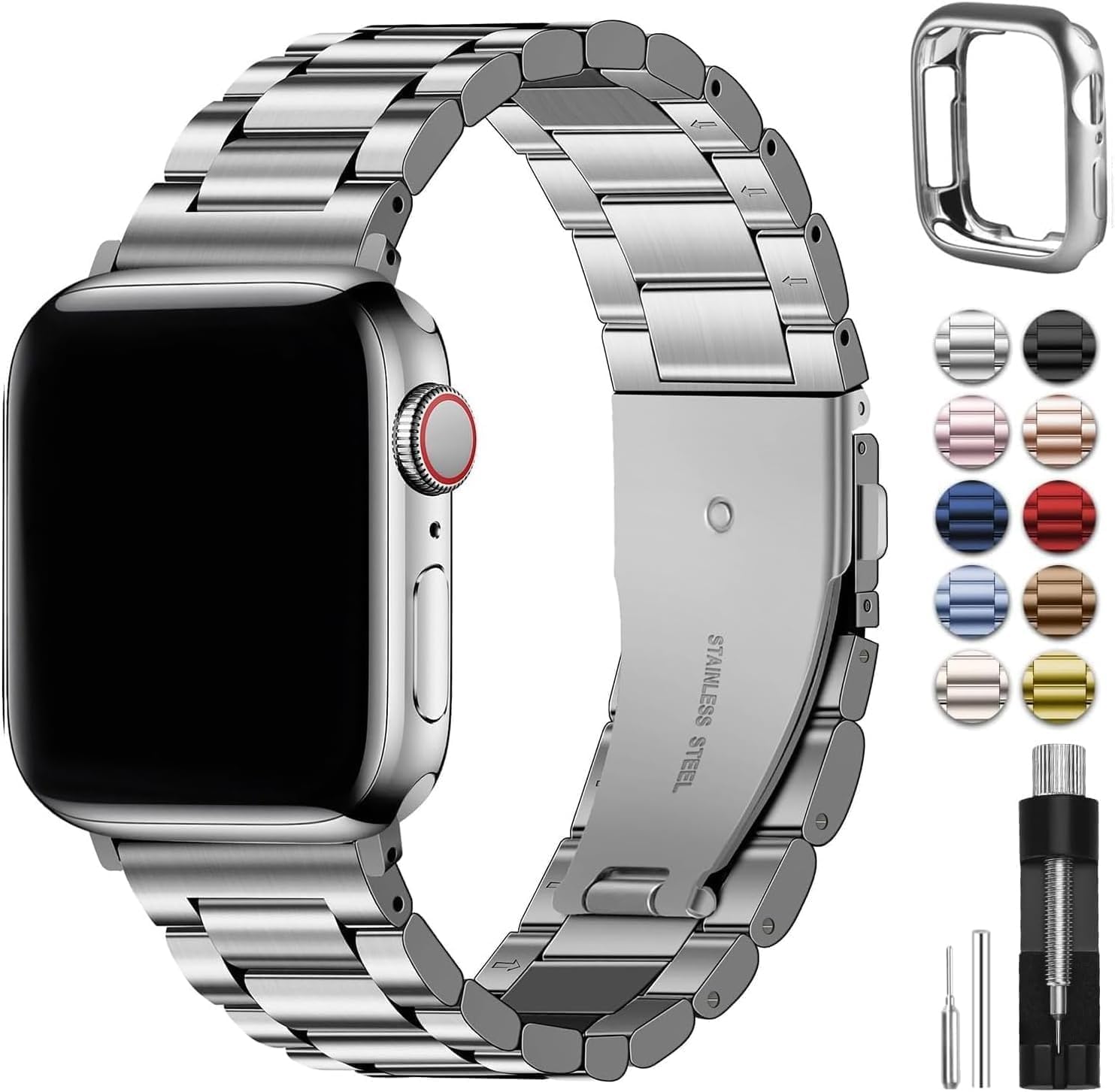 Fullmosa Stainless Steel Apple Watch Band 46mm with Protective Case - Silver