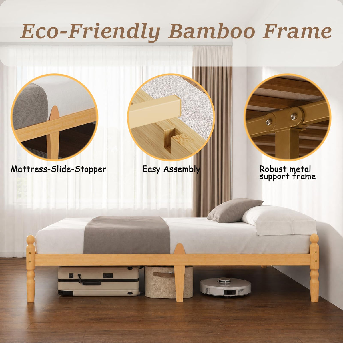 APEXTELLA HOME Double Bed Frame 14-inch Natural Bamboo Wood Platform Bed with Metal Slats Support and Mattress Slide Stopper, Underbed Storage Space - image 4