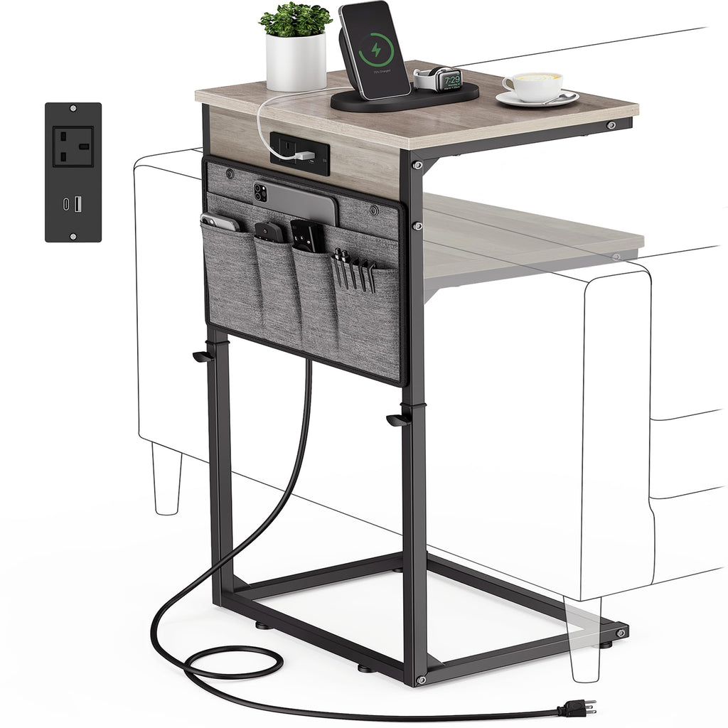 Vagusicc C-Shaped Side Table with Charging Station, Height Adjustable Sofa Side Table, Bedside Table, End Table for Small Spaces - image 1