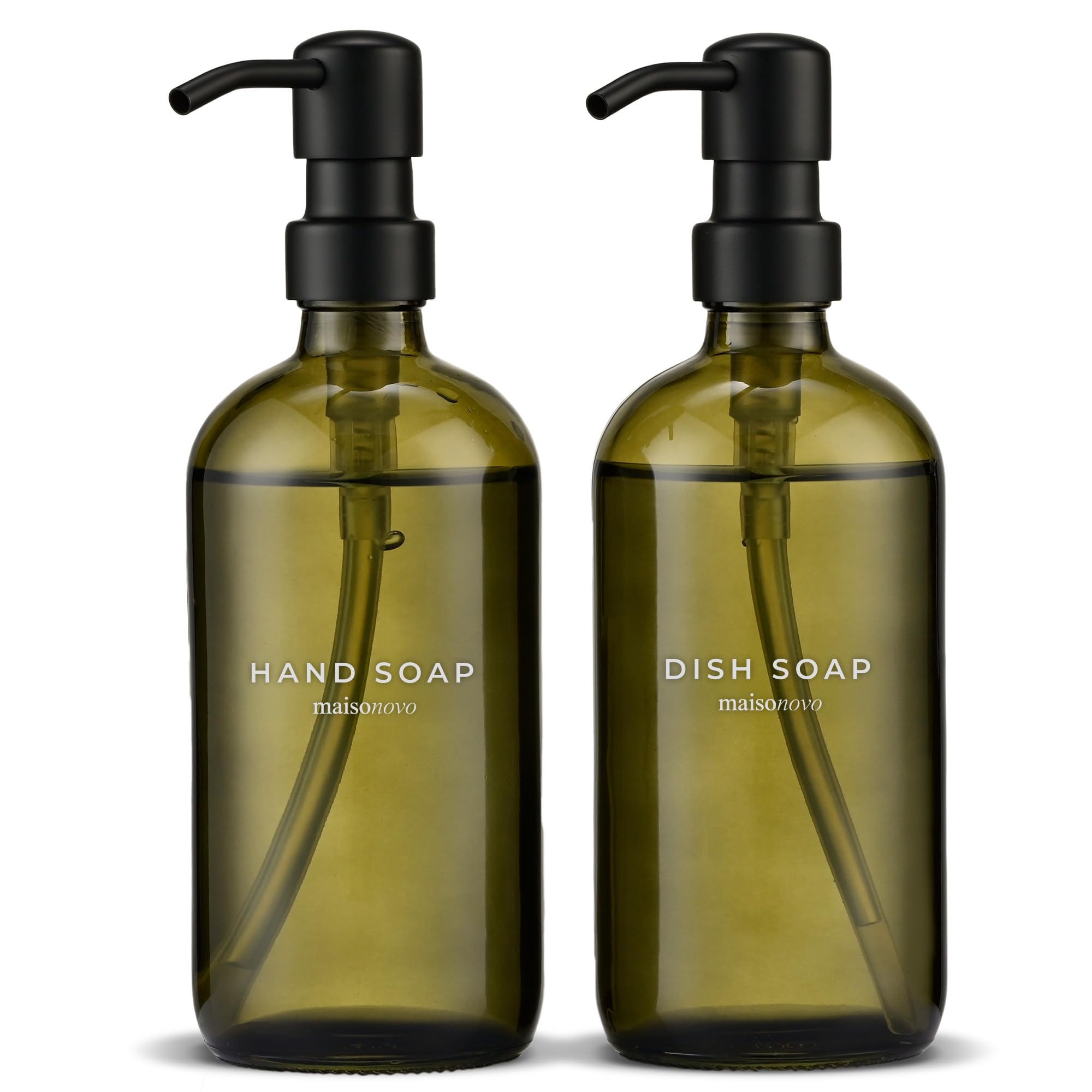 MaisoNovo Glass Soap Dispenser Set – 500ml Green Bottles with Black Pumps