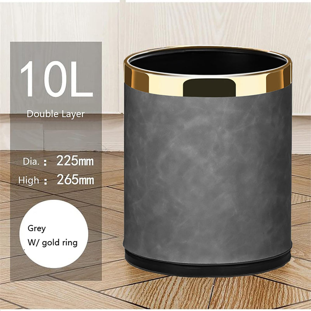 SXYLOB Luxury Metal Waste Bin 10L, Double Layer Trash Can PU Leather Covered Round Wastebasket Dust Bins for Kitchen Bathroom Hotel Office Grey Hui