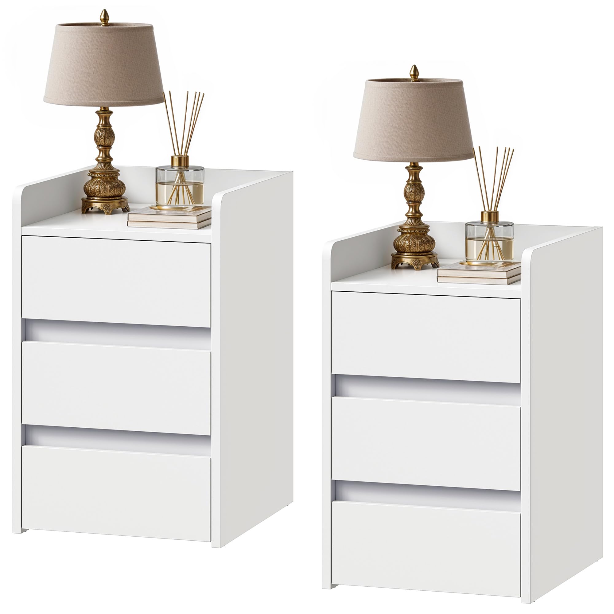 DWVO Set of 2 White Nightstands with 3 Drawers – Modern Bedside Tables