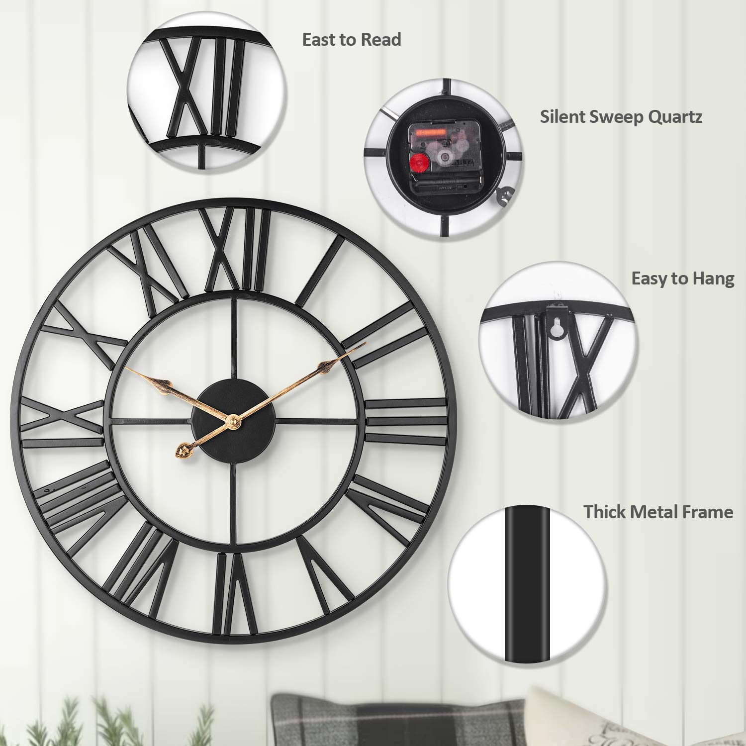ARVINKEY 47cm Silent Wall Clock – Vintage Metal Skeleton Roman Numerals