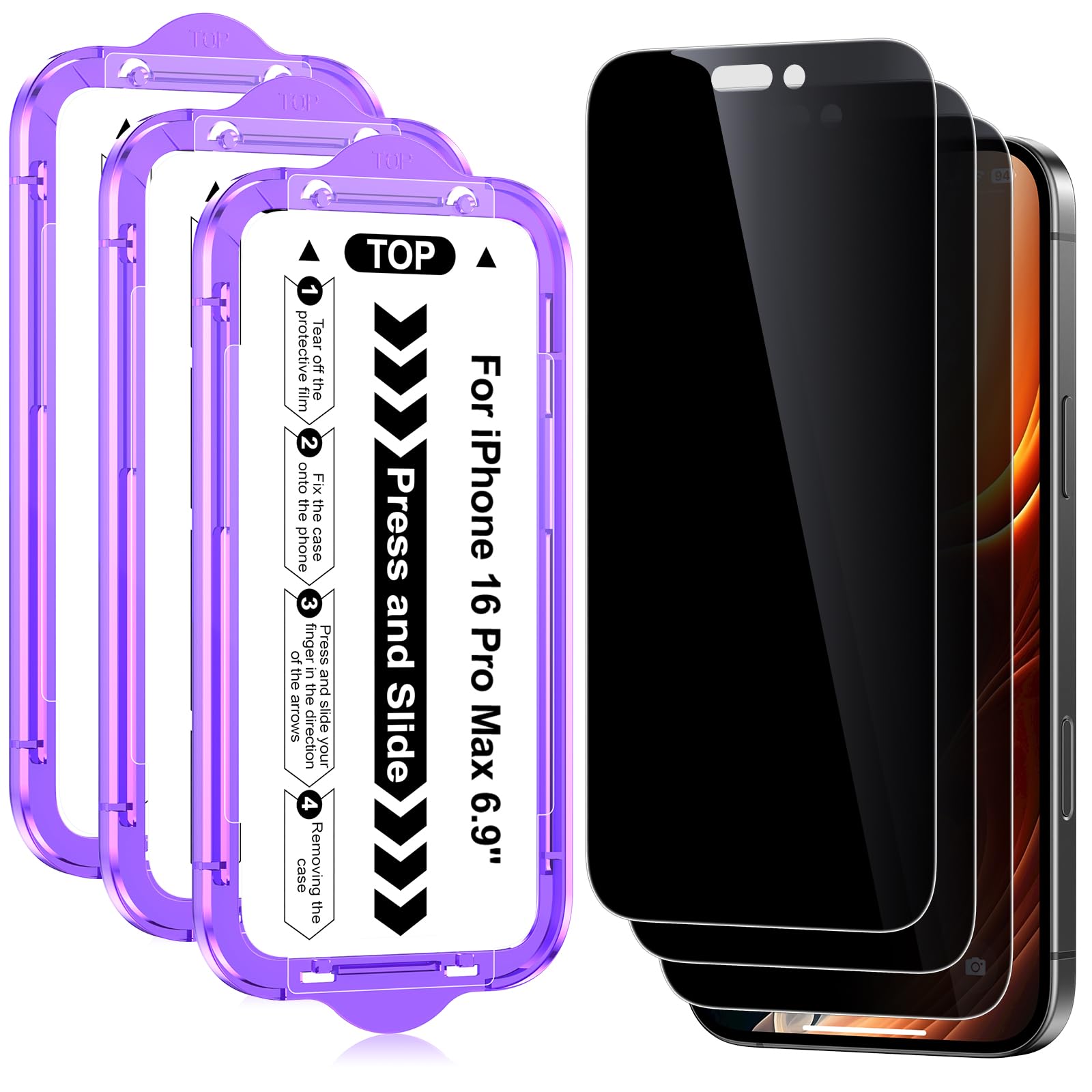 Ksleri iPhone 16 Pro Max Privacy Screen Protector - 3 Pack Tempered Glass