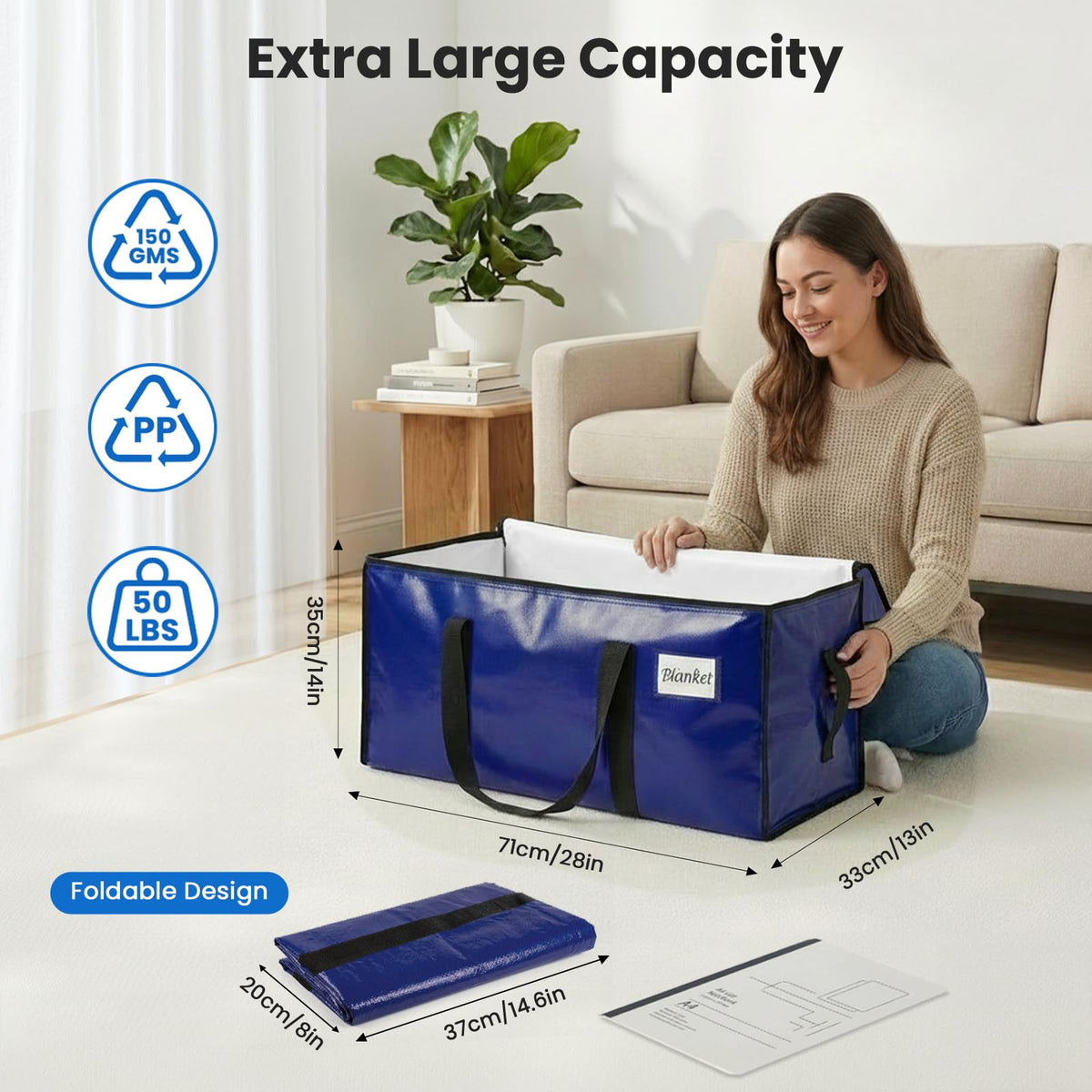 RICHER HOUSE 90L Heavy Duty Moving Boxes, Clothes Storage Bags, 6 Pack,Blue - image 2