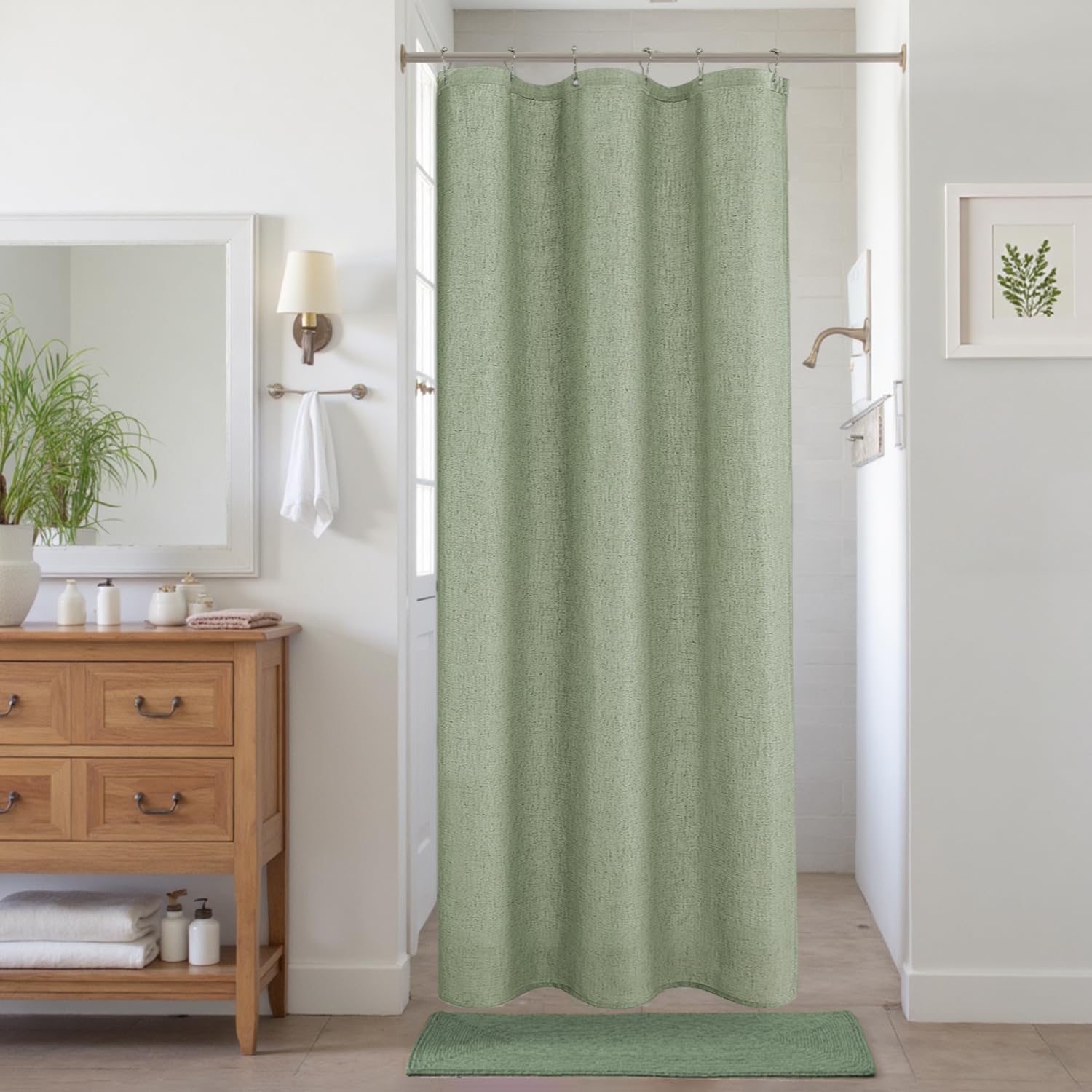 KOUFALL Sage Green Linen Shower Curtain | Waterproof Farmhouse Decor 36x72