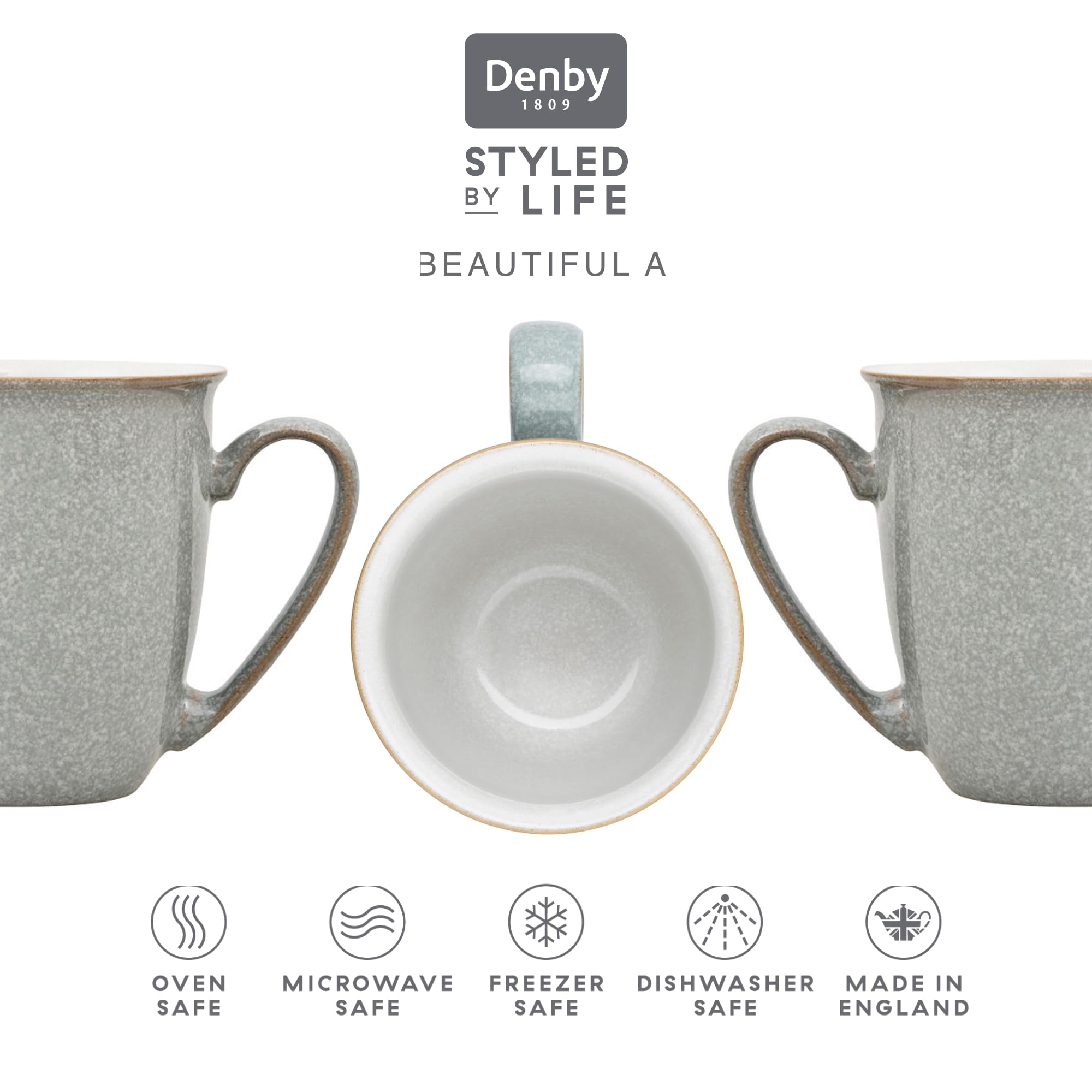 Denby Elements Light Grey Coffee Mug Set of 4 | 330ml Stoneware Ceramic