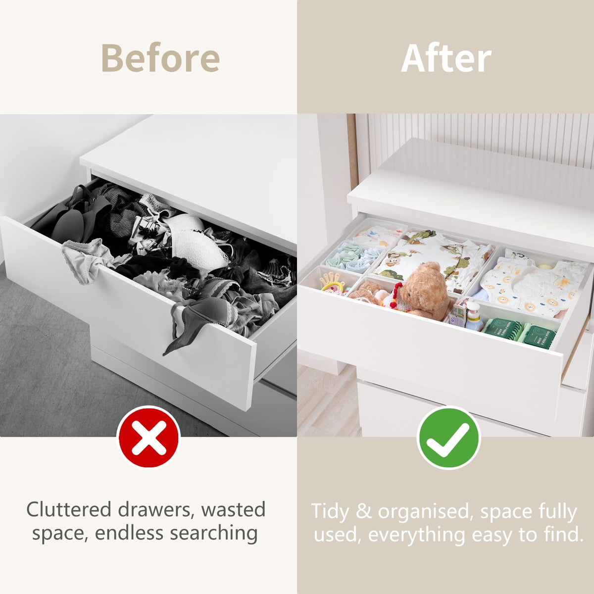 ORLISA Drawer Organiser for MALM Drawers, 14 Pack Clothes Drawer Organisers, Foldable Fabric Drawer Dividers for Underwear Socks Bras